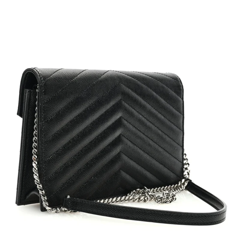SAINT LAURENT SMALL ENVELOPE CHAIN WALLET BLACK CHEVRON MONOGRAM GRAIN DE POUDRE MATELASSE LEATHER SILVER HARDWARE - Image 3