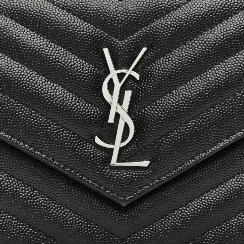 SAINT LAURENT SMALL ENVELOPE CHAIN WALLET BLACK CHEVRON MONOGRAM GRAIN DE POUDRE MATELASSE LEATHER SILVER HARDWARE - Image 8