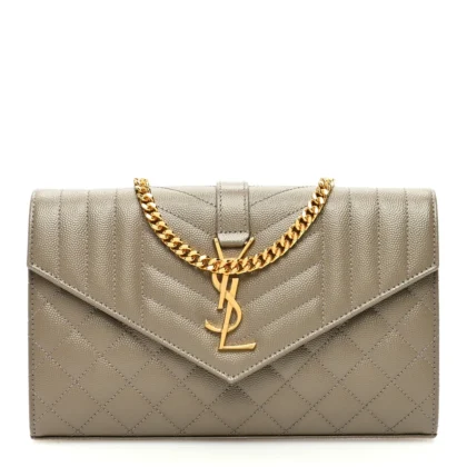 SAINT LAURENT SMALL CHAIN WALLET DARK BEIGE TRIQUILT MONOGRAM GRAIN DE POUDRE MIXED MATELASSE LEATHER GOLD HARDWARE