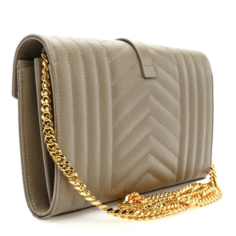SAINT LAURENT SMALL CHAIN WALLET DARK BEIGE TRIQUILT MONOGRAM GRAIN DE POUDRE MIXED MATELASSE LEATHER GOLD HARDWARE - Image 3
