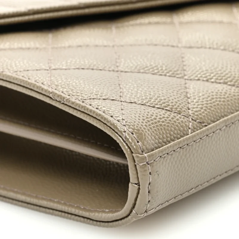 SAINT LAURENT SMALL CHAIN WALLET DARK BEIGE TRIQUILT MONOGRAM GRAIN DE POUDRE MIXED MATELASSE LEATHER GOLD HARDWARE - Image 4