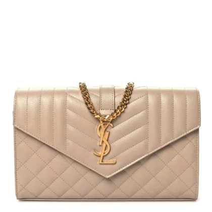SAINT LAURENT SMALL CHAIN WALLET DARK BEIGE TRIQUILT MONOGRAM GRAIN DE POUDRE MIXED MATELASSE LEATHER GOLD HARDWARE