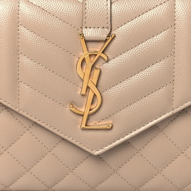 SAINT LAURENT SMALL CHAIN WALLET DARK BEIGE TRIQUILT MONOGRAM GRAIN DE POUDRE MIXED MATELASSE LEATHER GOLD HARDWARE - Image 9