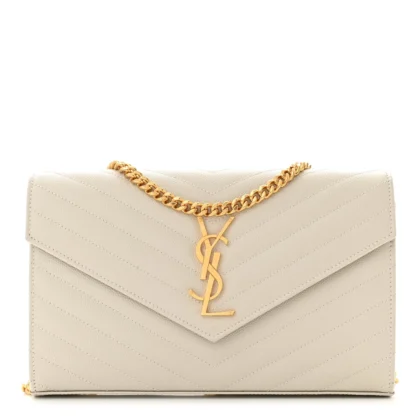 SAINT LAURENT SMALL CHAIN WALLET CREMA SOFT CHEVRON MONOGRAM GRAIN DE POUDRE MATELASSE LEATHER GOLD HARDWARE