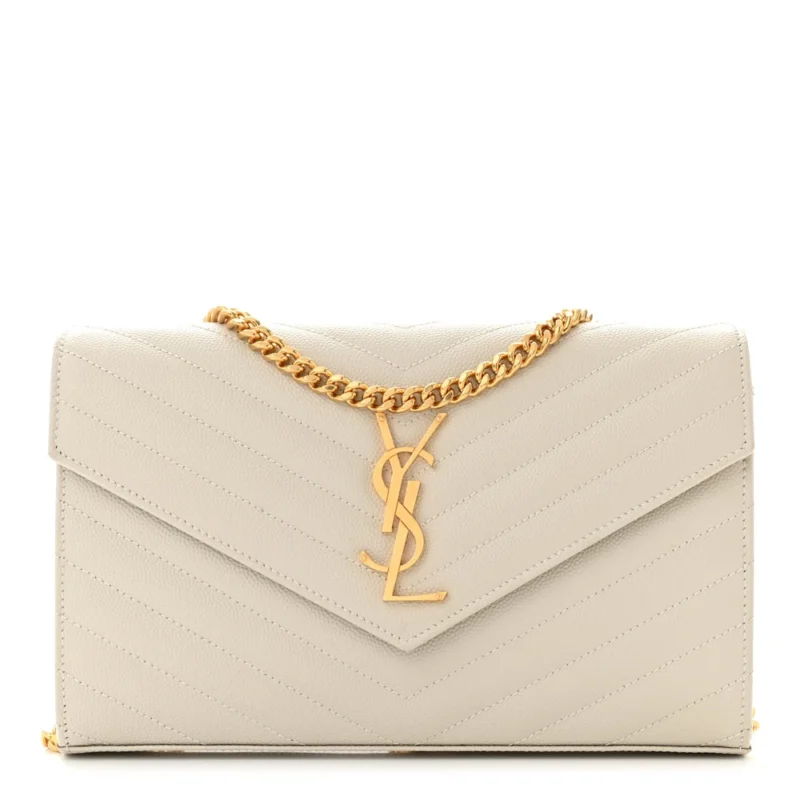 SAINT LAURENT SMALL CHAIN WALLET CREMA SOFT CHEVRON MONOGRAM GRAIN DE POUDRE MATELASSE LEATHER GOLD HARDWARE