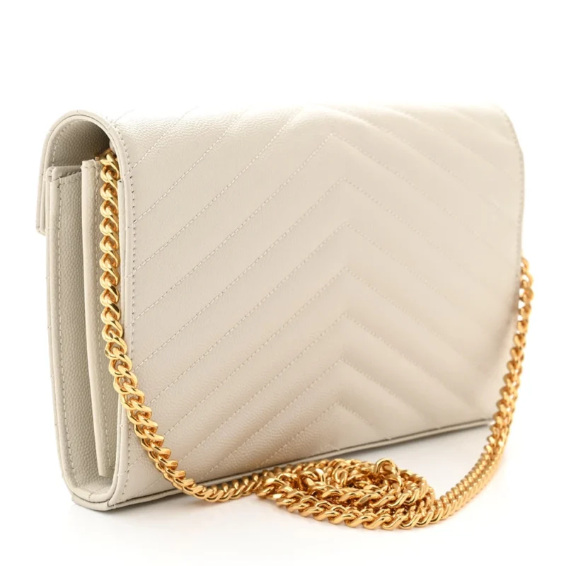 SAINT LAURENT SMALL CHAIN WALLET CREMA SOFT CHEVRON MONOGRAM GRAIN DE POUDRE MATELASSE LEATHER GOLD HARDWARE - Image 3