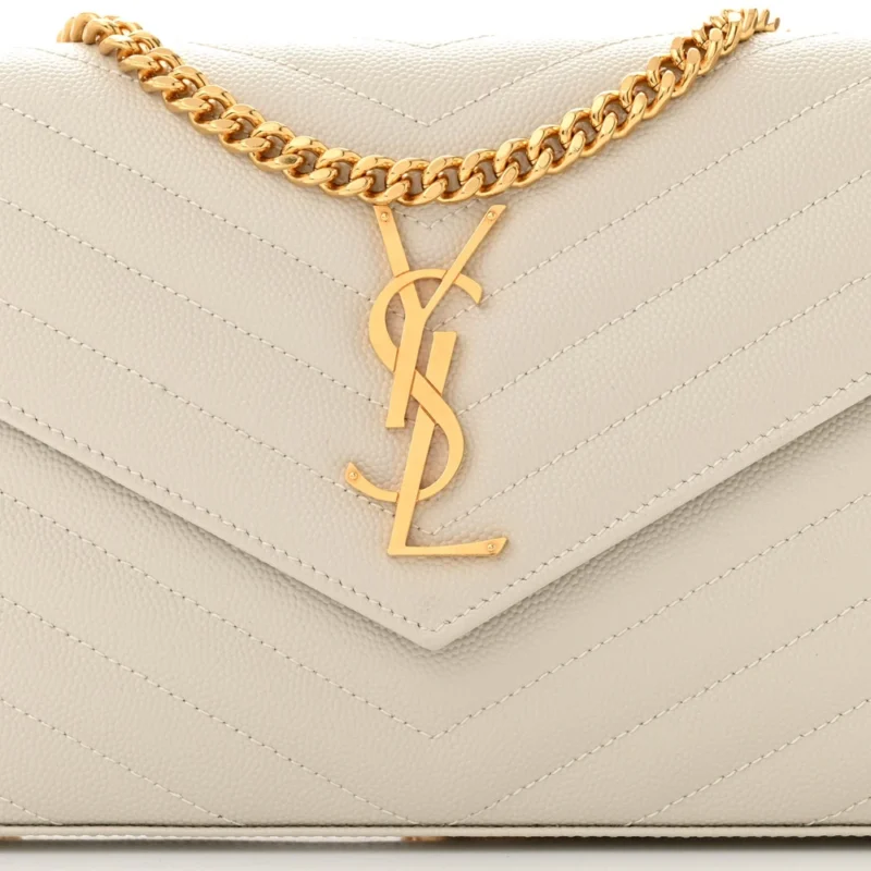 SAINT LAURENT SMALL CHAIN WALLET CREMA SOFT CHEVRON MONOGRAM GRAIN DE POUDRE MATELASSE LEATHER GOLD HARDWARE - Image 9