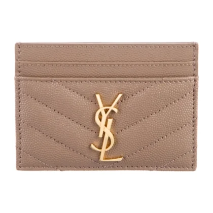 SAINT LAURENT SMALL CASSANDRE MATELASS?? CARD HOLDER NEUTRALS QUILTED LAMBSKIN LEATHER GOLD HARDWARE