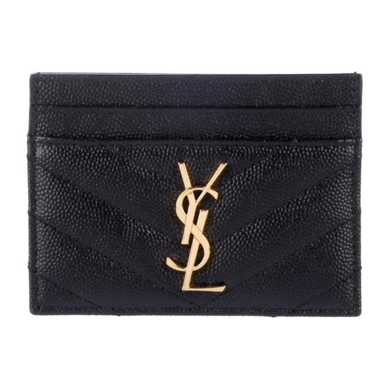 SAINT LAURENT SMALL CARD HOLDER BLACK SAFFIANO PRINTED LEATHER GOLD HARDWARE