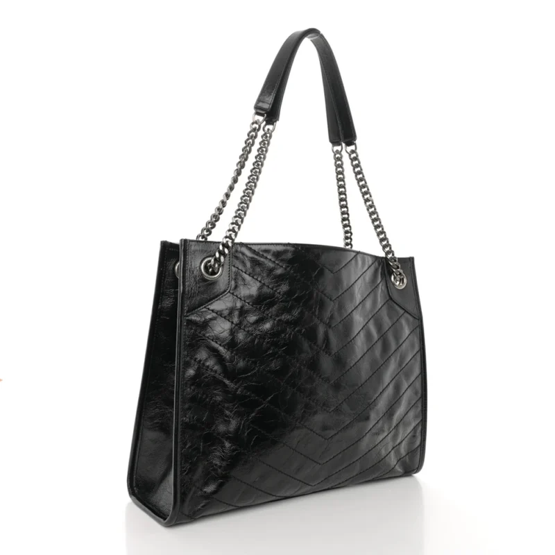 SAINT LAURENT MEDIUM NIKI SHOPPER TOTE BLACK CRINKLED MONOGRAM CALFSKIN MATELASSE LEATHER SILVER HARDWARE - Image 3
