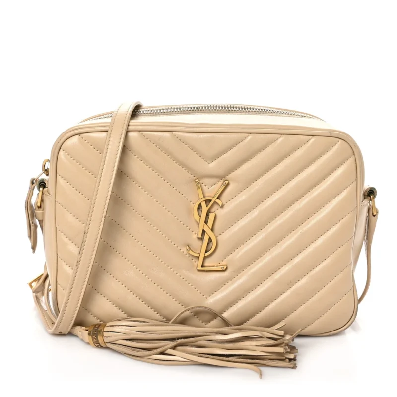 SAINT LAURENT MEDIUM LOU CAMERA BAG DARK BEIGE MONOGRAM CALFSKIN MATELASSE LEATHER AGED GOLD HARDWARE