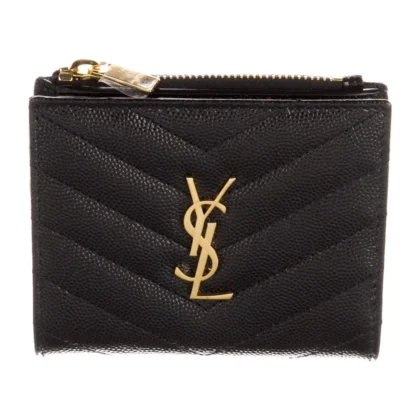 SAINT LAURENT MEDIUM COMPACT WALLET BLACK GRAINED CALFSKIN LEATHER GOLD HARDWARE
