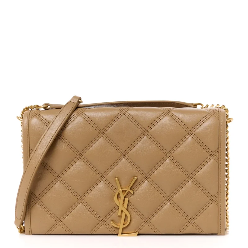 SAINT LAURENT MEDIUM BECKY CHAIN WALLET NATURAL TAN DIAMOND QUILTED LAMBSKIN LEATHER GOLD HARDWARE