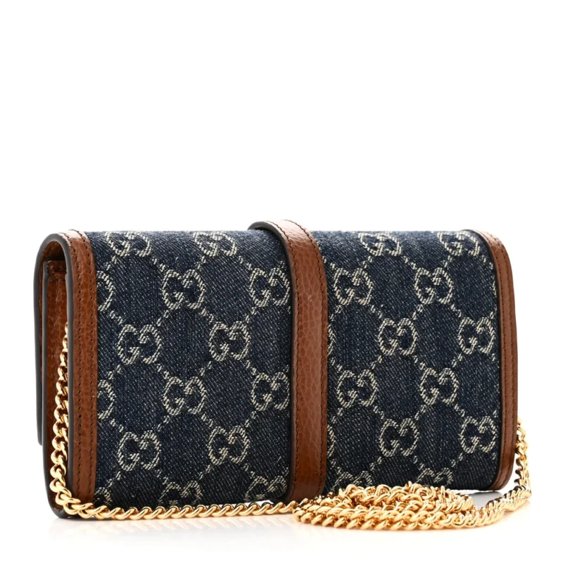 GUCCI SMALL JACKIE 1961 CHAIN WALLET BLUE TEA CALFSKIN LEATHER & GG MONOGRAM NEW DENIM GOLD HARDWARE - Image 3