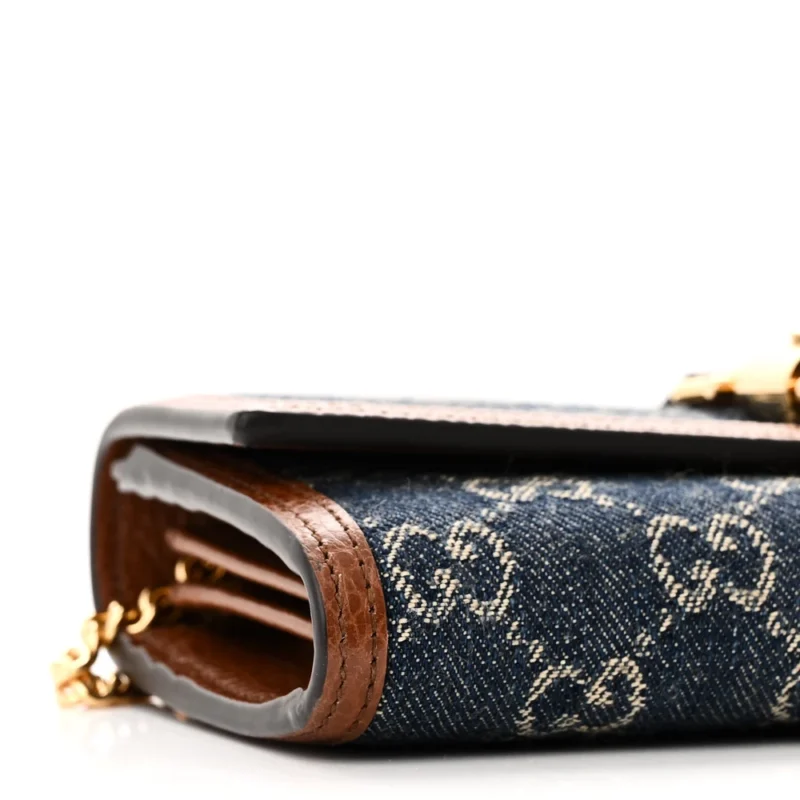 GUCCI SMALL JACKIE 1961 CHAIN WALLET BLUE TEA CALFSKIN LEATHER & GG MONOGRAM NEW DENIM GOLD HARDWARE - Image 4