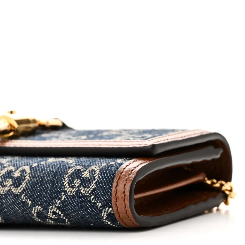 GUCCI SMALL JACKIE 1961 CHAIN WALLET BLUE TEA CALFSKIN LEATHER & GG MONOGRAM NEW DENIM GOLD HARDWARE - Image 5