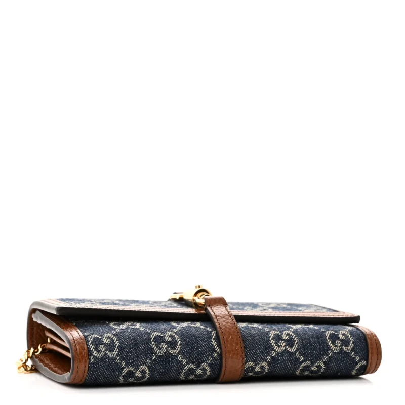 GUCCI SMALL JACKIE 1961 CHAIN WALLET BLUE TEA CALFSKIN LEATHER & GG MONOGRAM NEW DENIM GOLD HARDWARE - Image 6