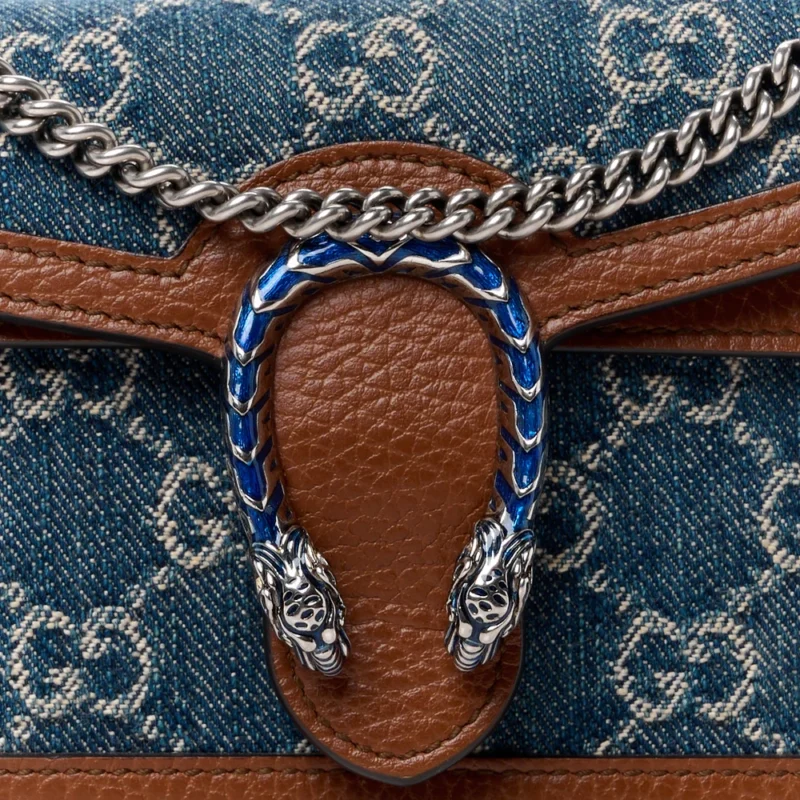 GUCCI MINI SUPER DIONYSUS SHOULDER BAG BLUE TEA / CUIR / EPILOG ELECTRIC BLUE NEW DENIM GG MONOGRAM COATED CANVAS & DOLLAR CALFSKIN LEATHER AGED SILVER HARDWARE - Image 8