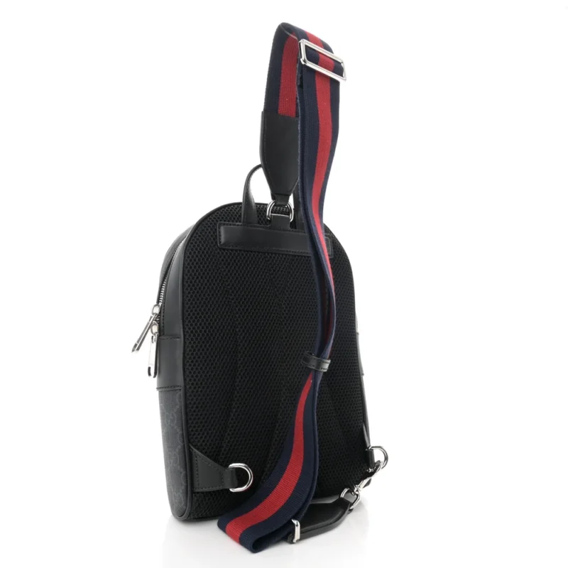 GUCCI MEDIUM SLING BACKPACK BLACK/GREY GG SUPREME MONOGRAM CANVAS & CALFSKIN LEATHER SILVER HARDWARE - Image 3