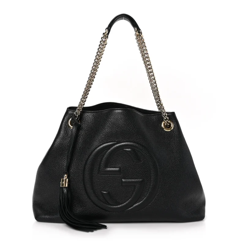 GUCCI MEDIUM SOHO CHAIN SHOULDER BAG BLACK PEBBLED CALFSKIN LEATHER LIGHT GOLD HARDWARE