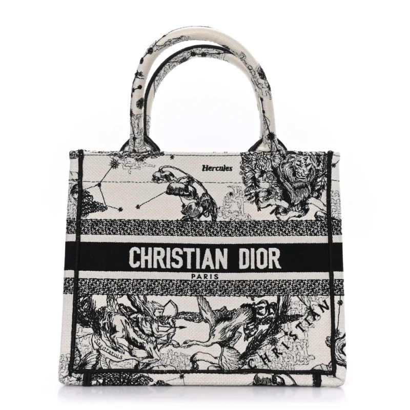 DIOR SMALL ZODIAC TOILE DE JOUY BOOK TOTE LATTE/BLACK EMBROIDERED CANVAS