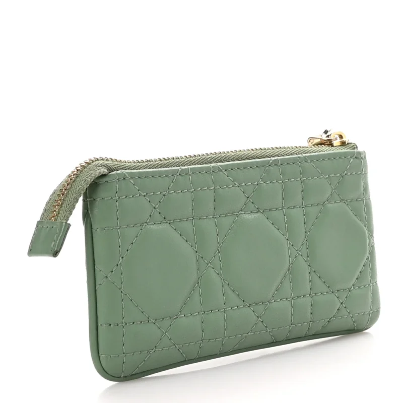DIOR SMALL LADY DIOR ZIPPED KEY CASE GREEN CANNAGE LAMBSKIN LEATHER GOLD HARDWARE - Image 3