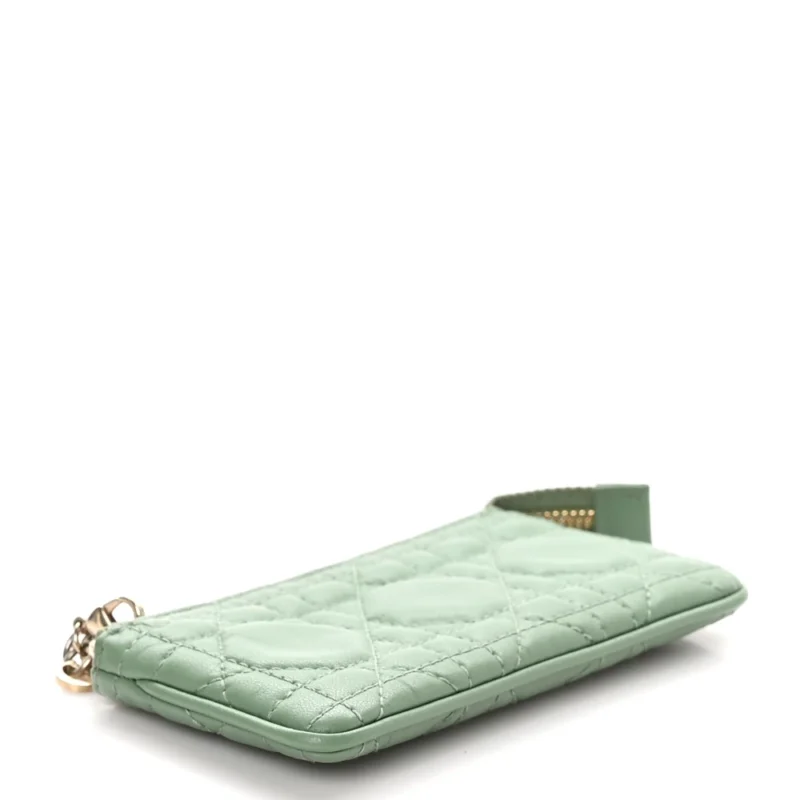 DIOR SMALL LADY DIOR ZIPPED KEY CASE GREEN CANNAGE LAMBSKIN LEATHER GOLD HARDWARE - Image 4