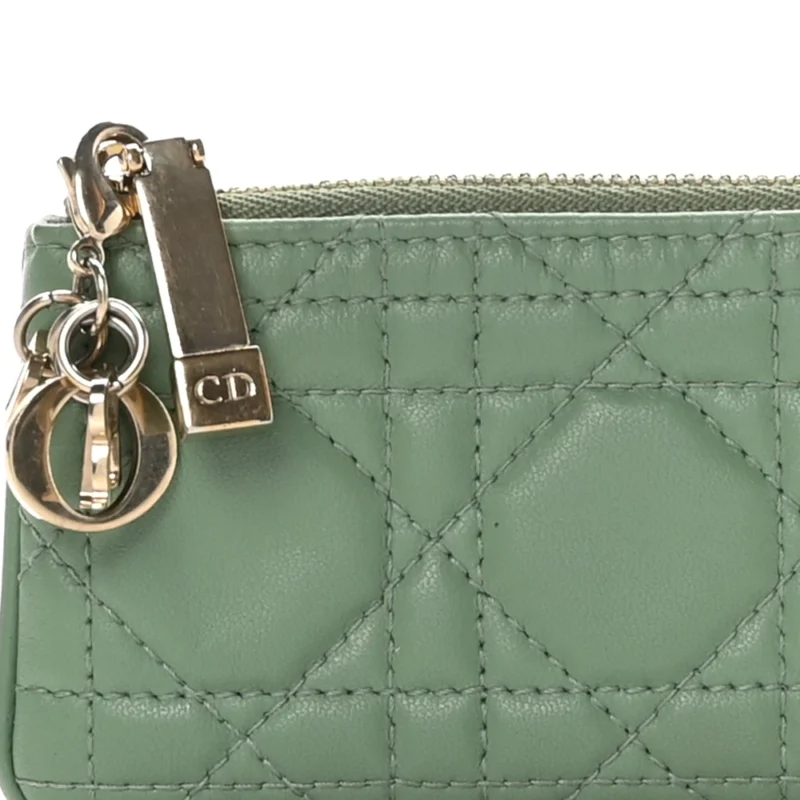 DIOR SMALL LADY DIOR ZIPPED KEY CASE GREEN CANNAGE LAMBSKIN LEATHER GOLD HARDWARE - Image 6