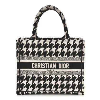 DIOR SMALL BOOK TOTE BLACK/WHITE HOUNDSTOOTH EMBROIDERED CANVAS