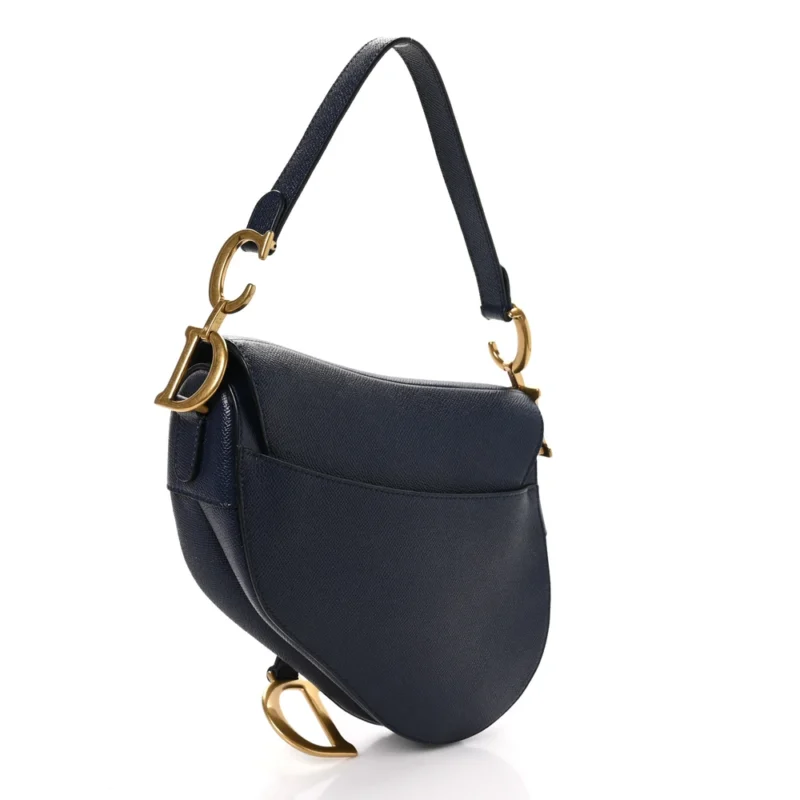 DIOR MEDIUM SADDLE BAG NAVY BLUE GRAINED CALFSKIN LEATHER GOLD HARDWARE - Image 3