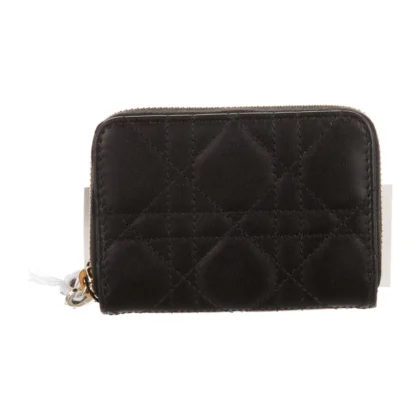 DIOR MEDIUM LADY DIOR ZIP COMPACT WALLET BLACK CALFSKIN LEATHER GOLD HARDWARE