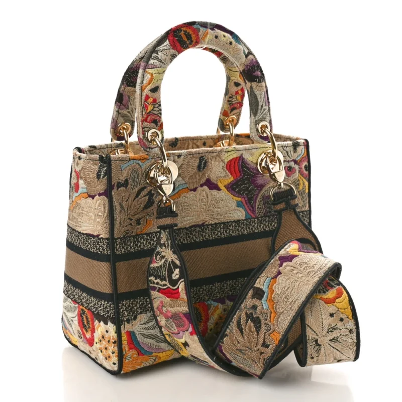 DIOR MEDIUM LADY D-LITE BEIGE/BLACK/MULTICOLOR FLORAL EMBROIDERED CANVAS GOLD HARDWARE - Image 3