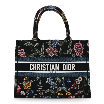 DIOR MEDIUM BOOK TOTE NAVY BLUE MULTICOLOR PETITES FLEURS RAFFIA EMBROIDERED CANVAS