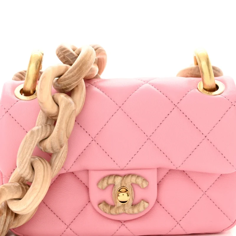 CHANEL WENGE WOOD SQUARE MINI PINK QUILTED LAMBSKIN LEATHER AGED GOLD HARDWARE - Image 8