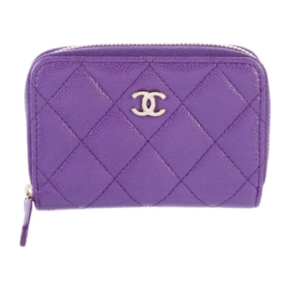 CHANEL SMALL INTERLOCKING CC LOGO WALLET PURPLE CAVIAR LEATHER GOLD HARDWARE