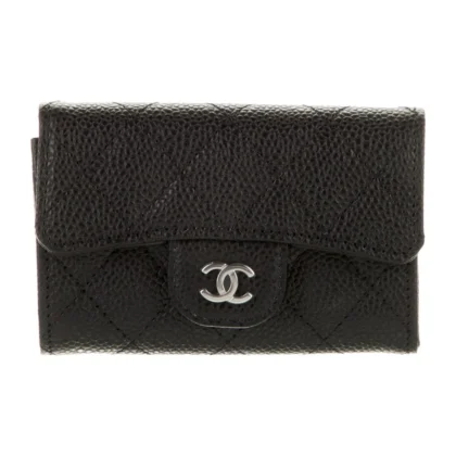 CHANEL SMALL INTERLOCKING CC LOGO WALLET BLACK QUILTED LEATHER SILVER HARDWARE
