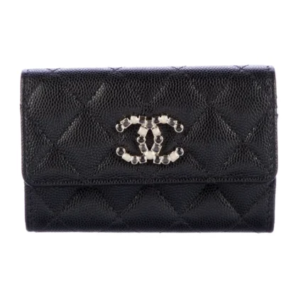 CHANEL SMALL INTERLOCKING CC LOGO WALLET BLACK QUILTED CAVIAR LEATHER SILVER HARDWARE