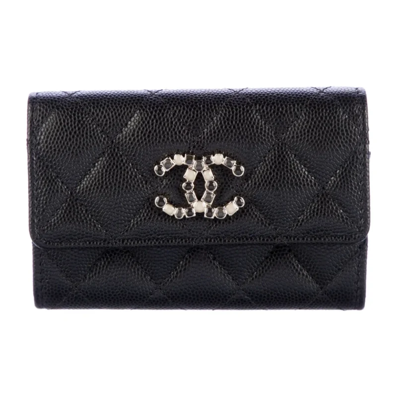 CHANEL SMALL INTERLOCKING CC LOGO WALLET BLACK QUILTED CAVIAR LEATHER SILVER HARDWARE