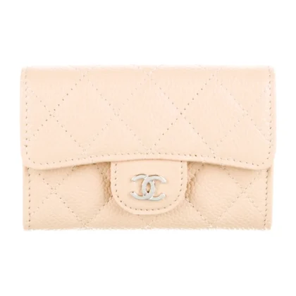 CHANEL SMALL INTERLOCKING CC LOGO WALLET NEUTRALS QUILTED CAVIAR LEATHER SILVER HARDWARE
