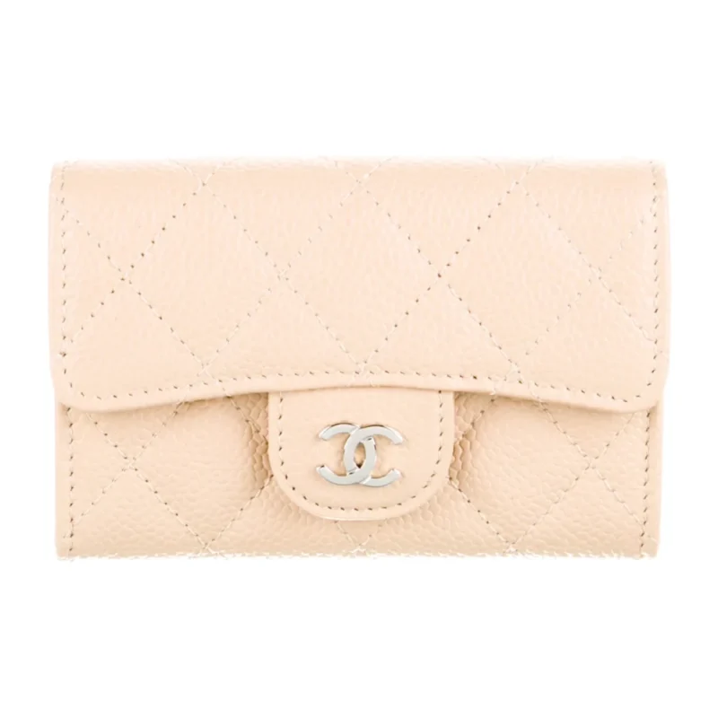 CHANEL SMALL INTERLOCKING CC LOGO WALLET NEUTRALS QUILTED CAVIAR LEATHER SILVER HARDWARE