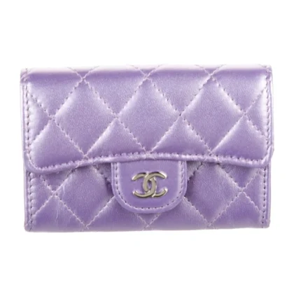 CHANEL SMALL INTERLOCKING CC LOGO CARD HOLDER METALLIC PURPLE CALFSKIN LEATHER SILVER HARDWARE