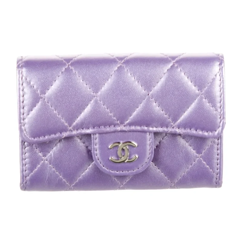 CHANEL SMALL INTERLOCKING CC LOGO CARD HOLDER METALLIC PURPLE CALFSKIN LEATHER SILVER HARDWARE