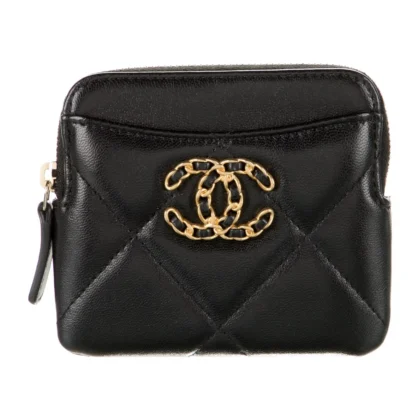 CHANEL SMALL INTERLOCKING CC LOGO LEATHER WALLET BLACK QUILTED LEATHER GOLD HARDWARE