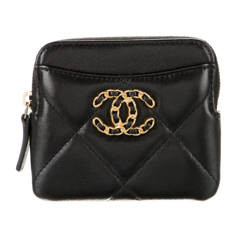 CHANEL SMALL INTERLOCKING CC LOGO LEATHER WALLET BLACK QUILTED LEATHER GOLD HARDWARE