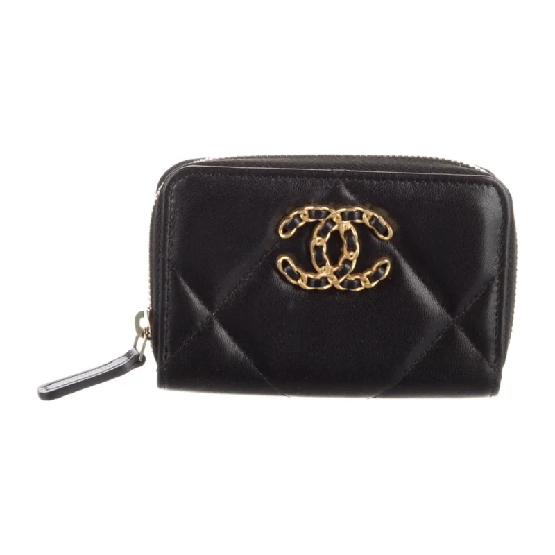 CHANEL SMALL INTERLOCKING CC LOGO QUILTED PATTERN WALLET BLACK LAMBSKIN LEATHER GOLD HARDWARE