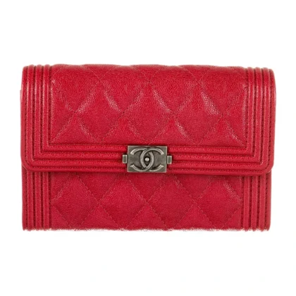 CHANEL SMALL INTERLOCKING CC LOGO COMPACT WALLET RED CAVIAR LEATHER SILVER HARDWARE