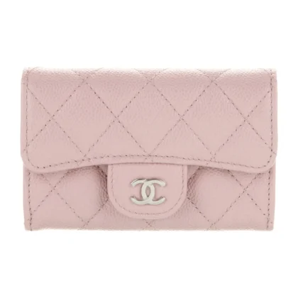 CHANEL SMALL INTERLOCKING CC LOGO COMPACT WALLET PINK QUILTED LEATHER SILVER HARDWARE