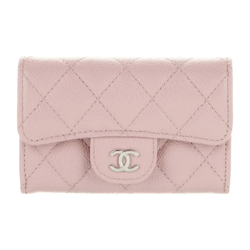 CHANEL SMALL INTERLOCKING CC LOGO COMPACT WALLET PINK QUILTED LEATHER SILVER HARDWARE