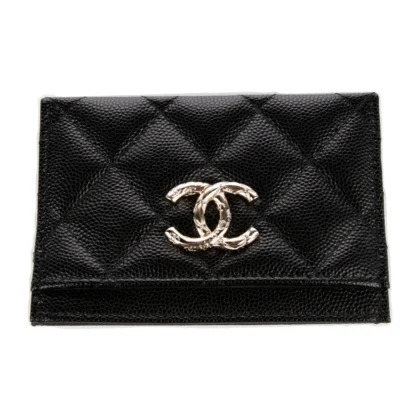 CHANEL SMALL INTERLOCKING CC LOGO CARD HOLDER BLACK LAMBSKIN LEATHER GOLD HARDWARE