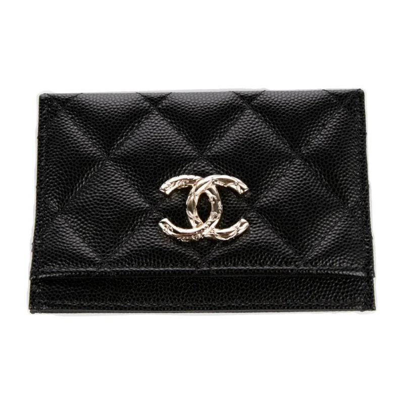 CHANEL SMALL INTERLOCKING CC LOGO CARD HOLDER BLACK LAMBSKIN LEATHER GOLD HARDWARE